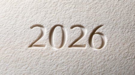 Embossed 2026 numbers carved into white textured paper with natural shadows and lighting.の素材