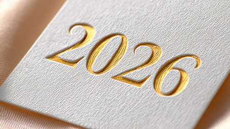Sleek golden 2026 numerals on white textured fabric surface in minimalist elegant style.の素材