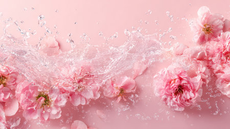 Pink flowers submerged and floating in transparent water creating swirling patterns with air bubbles and liquid motion.の素材