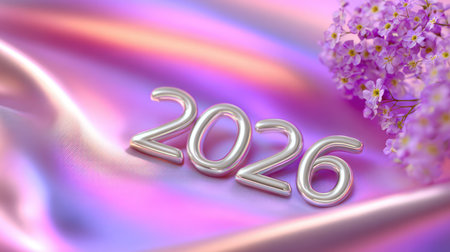 Glossy metallic 2026 numbers rendered in reflective chrome sit on a flowing pink and purple silk fabric with soft waves.の素材