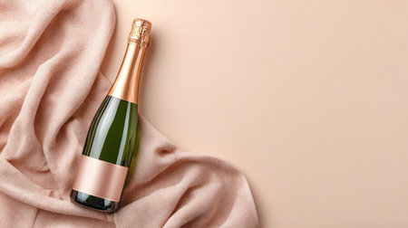 Minimal beige background with a champagne bottle symbolizing luxury celebration and holiday cheer.の素材