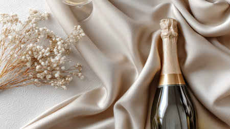 Stylish beige still life with champagne bottle, satin drapery, and dried white flowers symbolizing luxury celebration.の素材