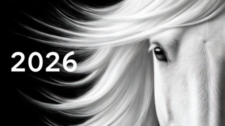 Stunning artistic white horse portrait with flowing mane on black background with 2026 text for Year of the Horse.の素材