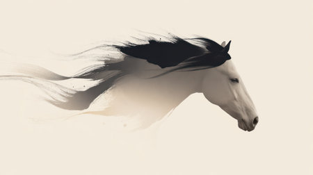 Traditional Chinese ink brush painting style galloping horse in bold black strokes on white background.の素材
