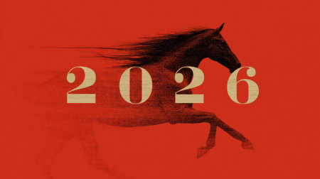 Majestic horse portrait with bold 2026 numbers on dramatic black background for Year of the Horse.の素材
