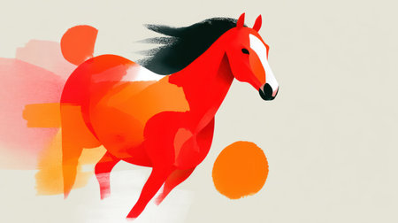 Modern abstract horse illustration with vibrant orange, red, pink brush strokes on neutral background.の素材