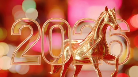 Luxurious golden horse sculpture with 2026 numbers on vibrant pink and red bokeh background celebrating Year of the Horse.の素材