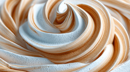 A sophisticated close-up of white and caramel-colored cream creating elegant flowing swirls with smooth texture.の素材