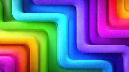 Vibrant rainbow-colored curved layers with textured surface creating dimensional depth in abstract geometric 3D digital art composition.の素材
