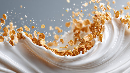 Golden Corn Flakes Splashing Dramatically in White Milk Wave. A.I.の素材