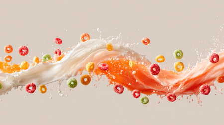 Golden cereal rings floating and splashing in white milk against a vibrant rainbow-colored gradient background.の素材