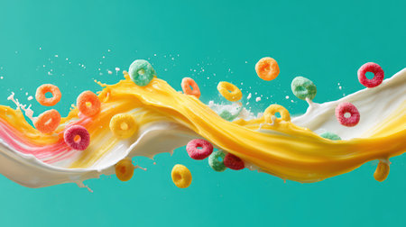 Golden cereal rings floating and splashing in white milk against a vibrant rainbow-colored gradient background.の素材
