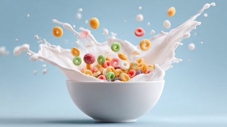 Golden cereal rings floating and splashing in white milk against a vibrant rainbow-colored gradient background.の素材