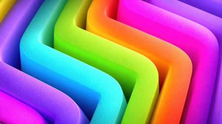 Vibrant rainbow-colored curved layers with textured surface creating dimensional depth in abstract geometric 3D digital art composition.の素材