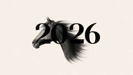 Artistic black horse in full gallop with motion blur effect and red 2026 numbers on neutral background.の素材