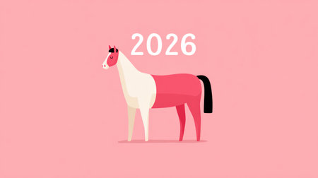 Cute horse illustration with 2026 numbers representing Year of the Horse.の素材