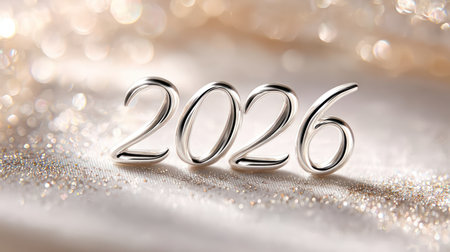 Polished silver metallic 2026 numbers on frosty white surface with warm golden bokeh lights.の素材