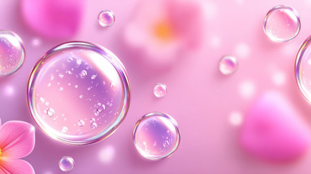 Translucent pink and purple serum bubbles filled with tiny droplets float gracefully alongside soft flower petals in a dreamy cosmetic scene.の素材