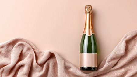 Minimal beige background with a champagne bottle symbolizing luxury celebration and holiday cheer.の素材