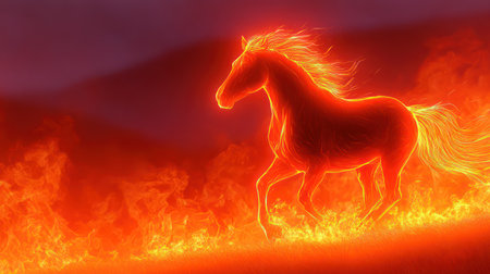 Spectacular running horse made entirely of fire and flames in dramatic digital fantasy art style.の素材