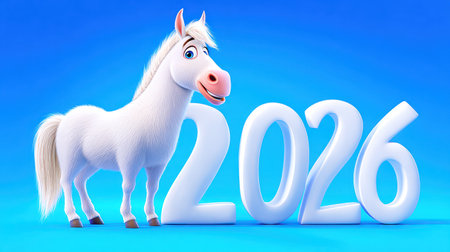 Cute horse illustration with 2026 numbers representing Year of the Horse.の素材