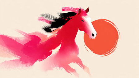 Modern abstract horse illustration with vibrant orange, red, pink brush strokes on neutral background.の素材
