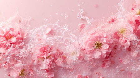 Pink flowers submerged and floating in transparent water creating swirling patterns with air bubbles and liquid motion.の素材