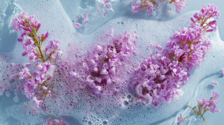 Pink flowers submerged and floating in transparent water creating swirling patterns with air bubbles and liquid motion.の素材