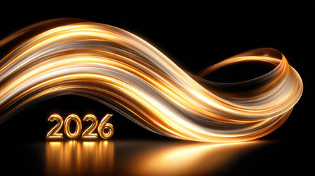 Dynamic golden light trails flowing above glowing 2026 numbers with reflection on black background.の素材