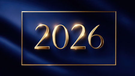 Luxurious golden 3D numbers 2026 with illumination on navy blue textured background within golden frame.の素材