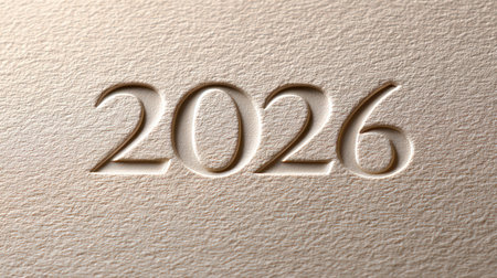 Embossed 2026 numbers carved into white textured paper with natural shadows and lighting.の素材