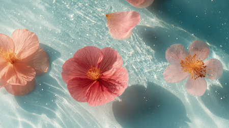Pink flowers submerged and floating in transparent water creating swirling patterns with air bubbles and liquid motion.の素材