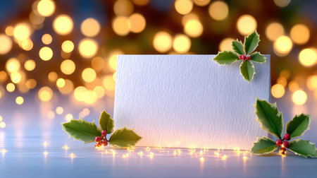 An empty white textured greeting card decorated with fresh holly leaves and red berries against golden bokeh lights background.の素材