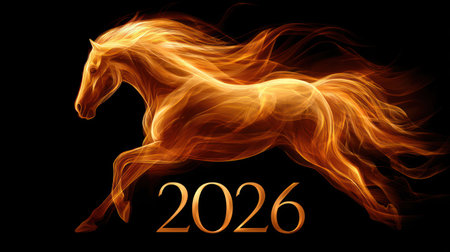 Magnificent golden fire horse with flowing flames and 2026 numbers celebrating Chinese Year of the Horse.の素材