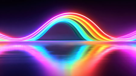 Vibrant multicolored neon light waves flowing dynamically across dark background with reflection effect in modern digital art style.の素材