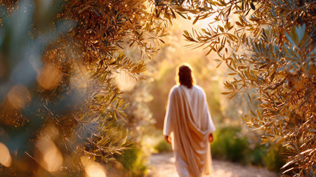 Serene image of Jesus Christ in white robe walking through sunlit olive tree garden with golden bokeh creating a peaceful spiritual religious atmosphere.の素材