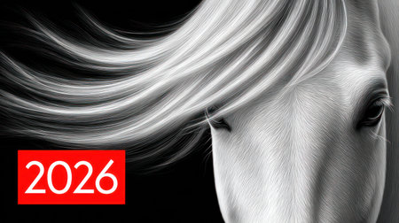 Stunning close-up black and white horse portrait with detailed flowing mane and 2026 typography.の素材
