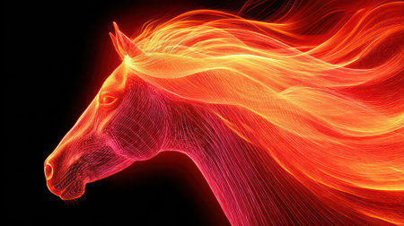 A stunning digital artwork of a horse silhouette made entirely of bright orange and yellow flames with flowing fiery mane against a black background.の素材