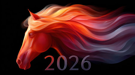 Powerful horse with dramatic orange and red flames mane and 2026 text for Chinese New Year celebration.の素材