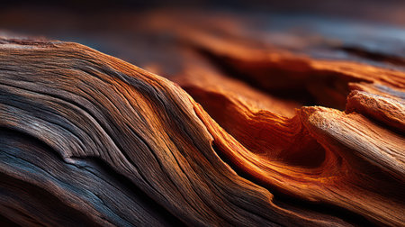 A macro shot captures the intricate, flowing grain patterns of a weathered brown wooden surface in warm, earthy hues, highlighting natural textures for design and decor inspiration.の素材