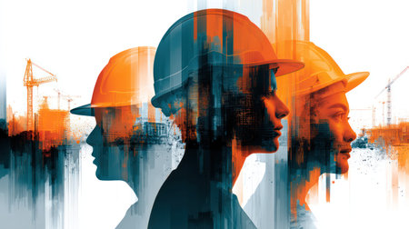 A silhouetted group of professionals in hard hats and vests collaborate with blueprints against a foggy city skylineの素材