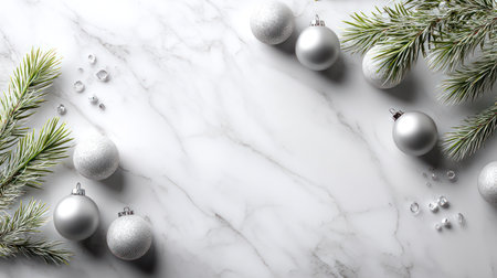 Glossy silver Christmas baubles interspersed with fresh pine branches and crystal beads adorn a white marble surface, perfect for elegant Scandinavian holiday tablescapes and winter invitations.の素材