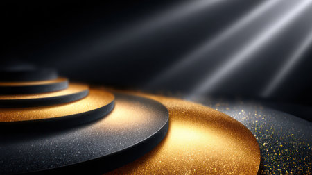 A luxurious black circular podium glows under vertical golden light beams with sparkling particles and reflective sparkles, creating an elegant award stage for premium events and New Year celebrations.の素材