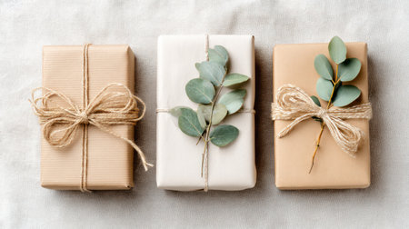 Modern Christmas gift wrapping with natural greenery and kraft paper. A.I.の素材