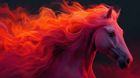 Stunning horse with vibrant red and orange flowing mane in bold abstract digital art on black background.の素材