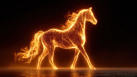 Spectacular running horse made entirely of fire and flames in dramatic digital fantasy art style.の素材