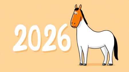 Cute horse illustration with 2026 numbers representing Year of the Horse.の素材