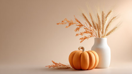 Minimalist autumn scene with orange pumpkin and wheat stalks in ceramic vase on warm background with copy space.の素材