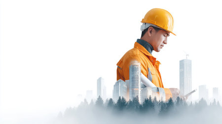 A confident elderly Caucasian man in a white hard hat and orange safety vest gazes sideways against a blurred urban construction site with cranes, symbolizing experienced American engineering leadership.の素材