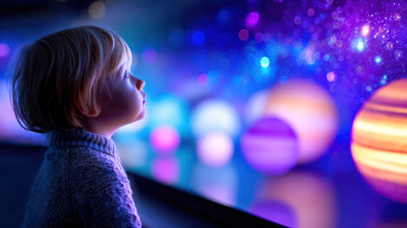 Young Child Mesmerized by Cosmic Exhibit at Modern Museum. A.I.の素材